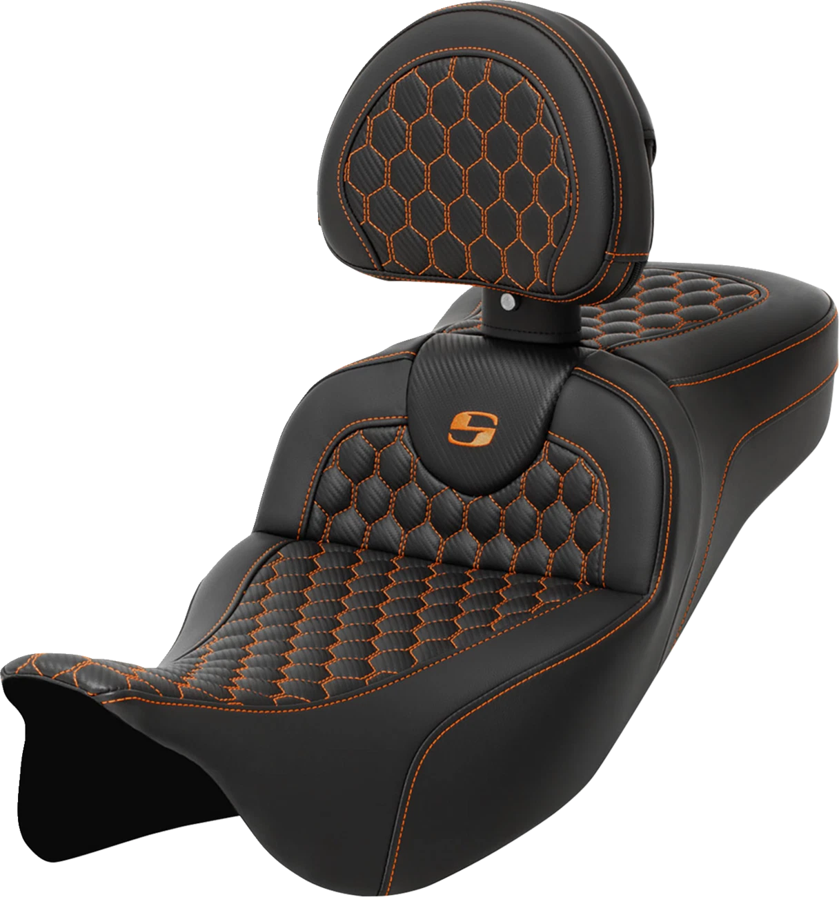 SADDLEMEN RoadSofa Seat for Motorcycle (with Backrest, Honeycomb, Orange Stitch)