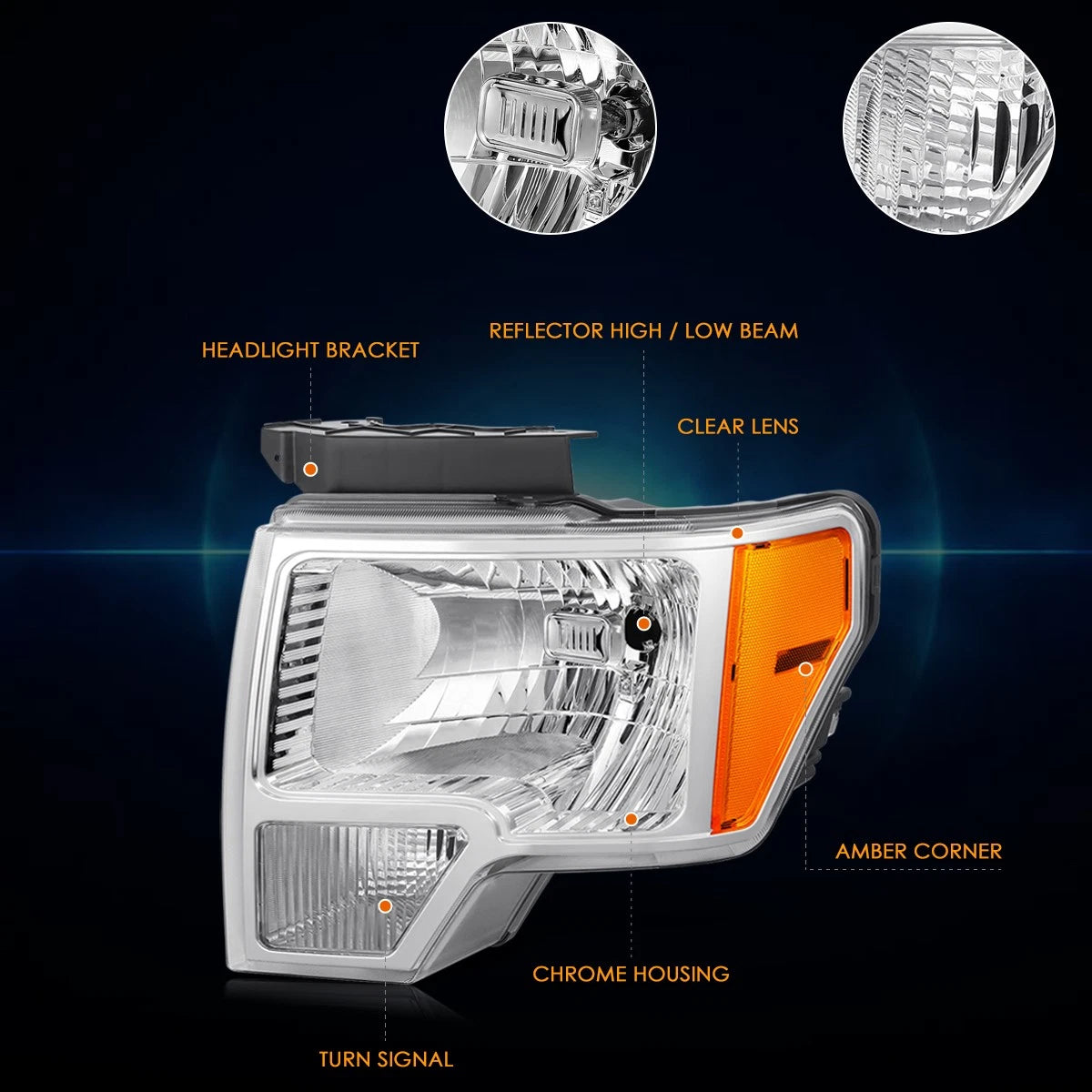 Factory Style Amber Corner Headlights for Ford F150 (2009–2014) Chrome Housing