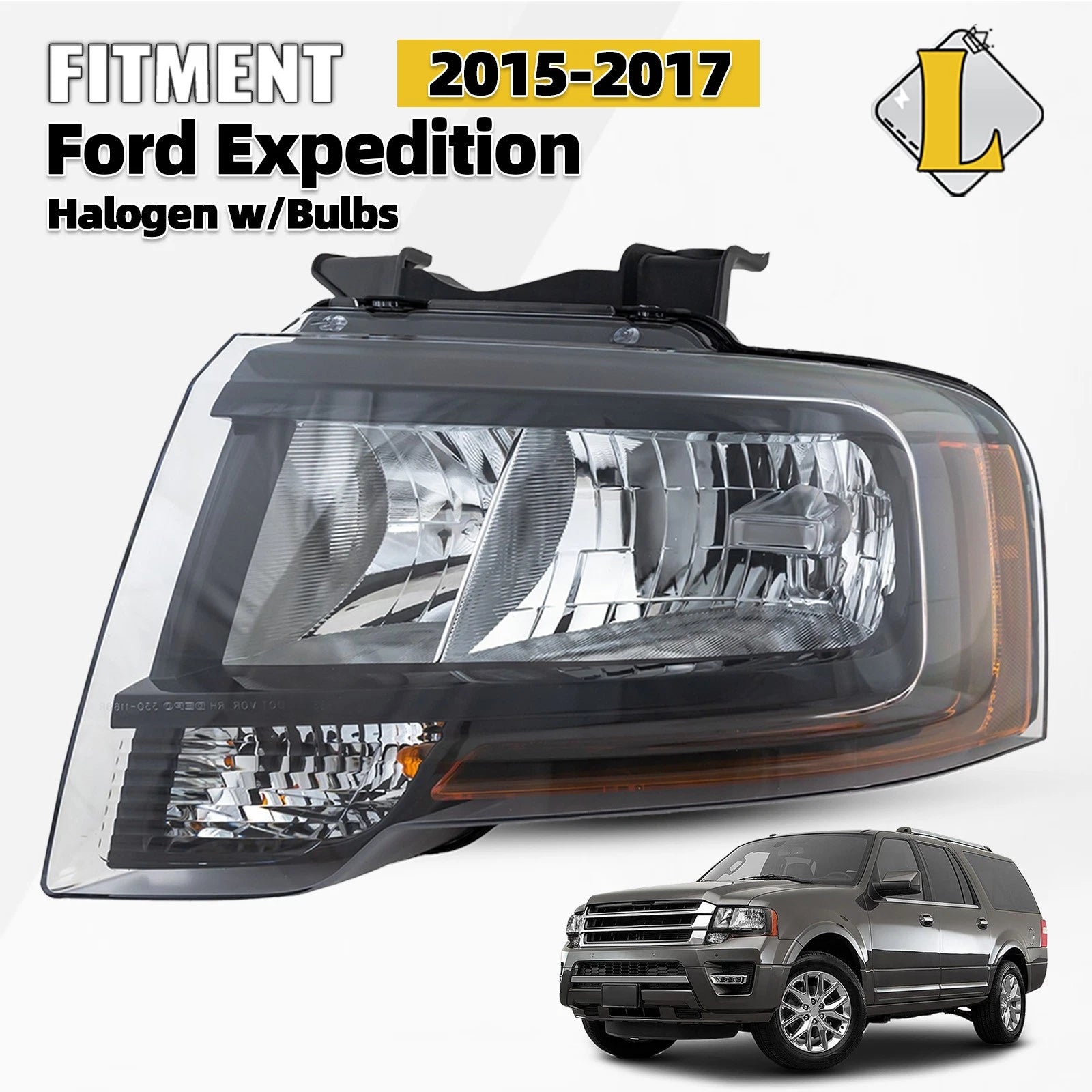 Halogen Reflector Headlight for Ford Expedition (2015–2017) with Bulb, Black