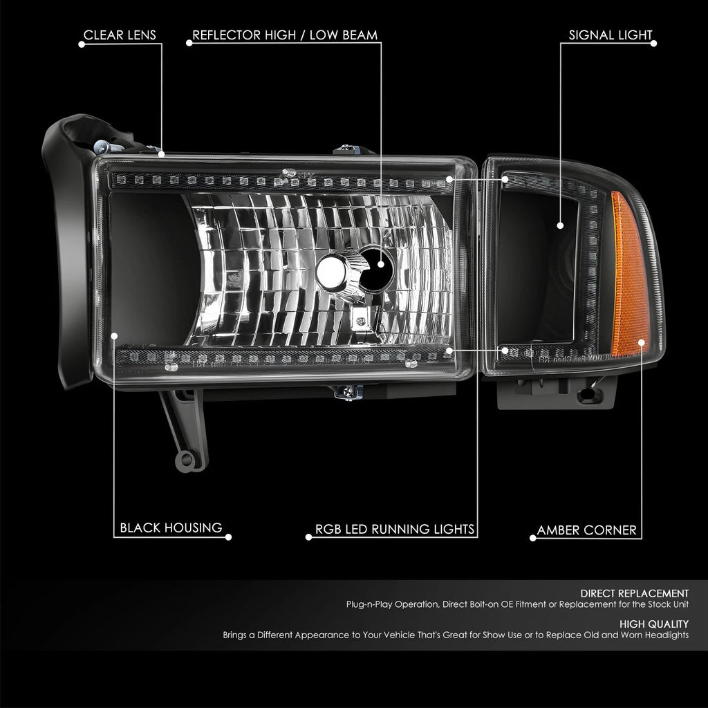 RGB LED Light Bar Headlight Assembly for Dodge Ram 1500-3500 (1994–2002)