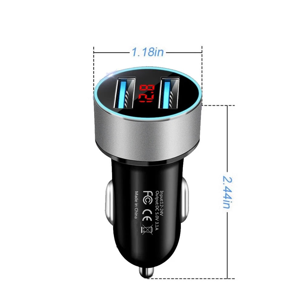 Dual USB Car Charger with LED Display for Universal Vehicles (2010–2023)