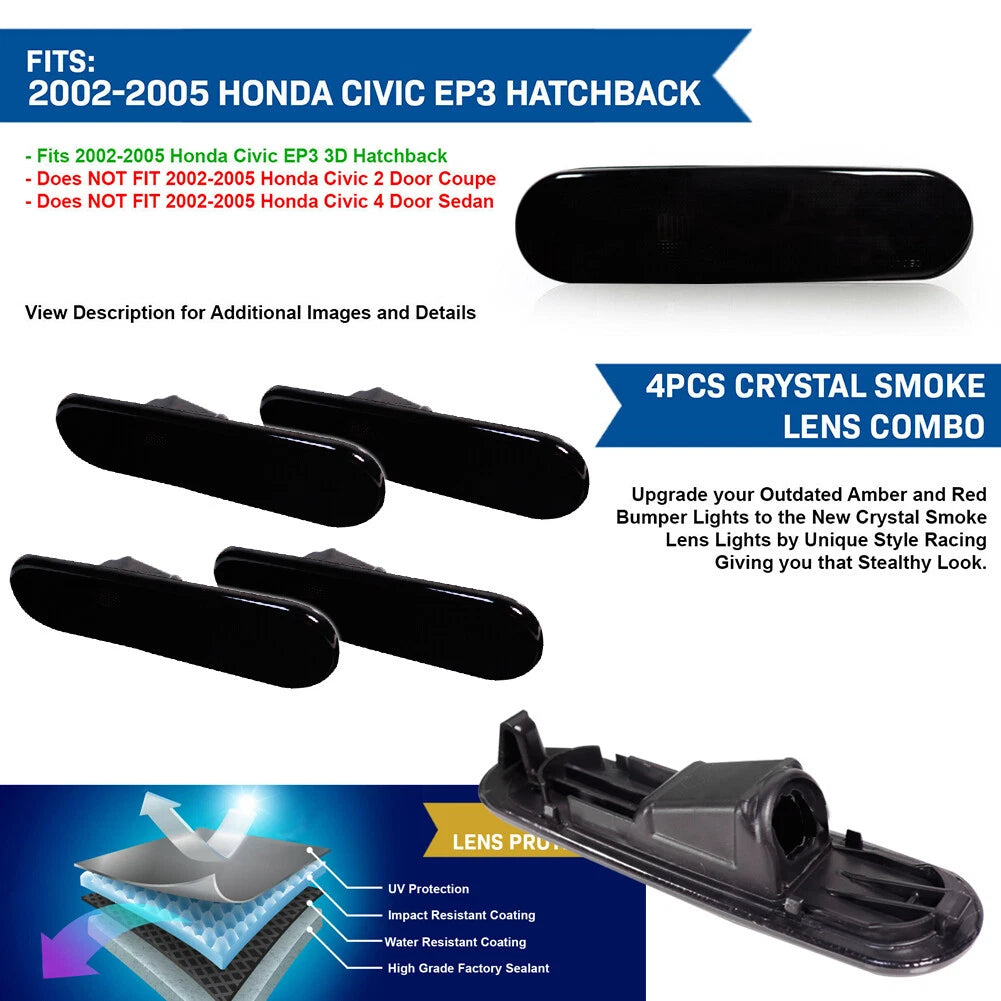 Set of 4 Smoke Front and Rear Bumper Side Marker Lights for Honda Civic Si (2002–2005)