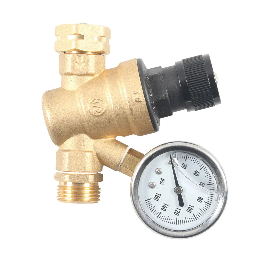 Adjustable RV Water Pressure Regulator Valve w/ Gauge for Camper