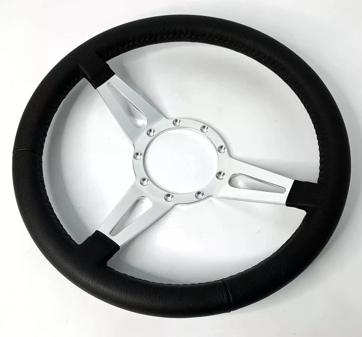 14 Inch Slotted Steering Wheel 3 Spoke Black Leather Grip for Universal (9 Hole)
