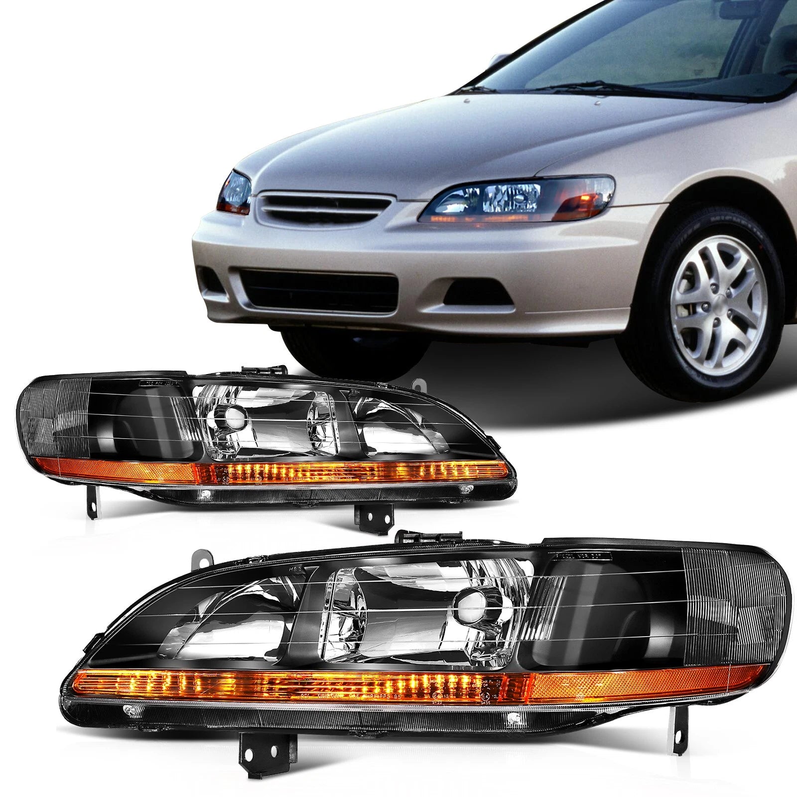 2X Black Amber Halogen Headlights Assembly for Honda Accord (1998–2002)