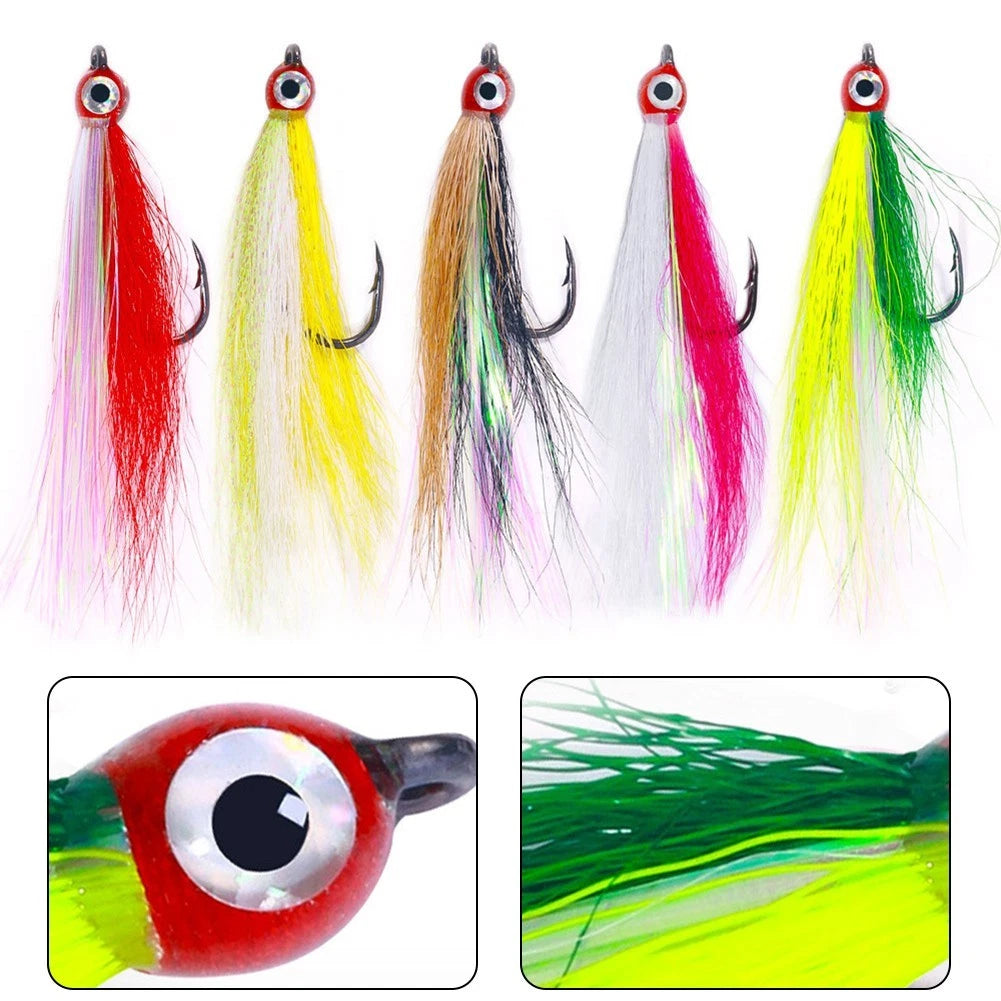 Set of 5 Bucktail Teaser Hooks with Feather Skirt for Fishing