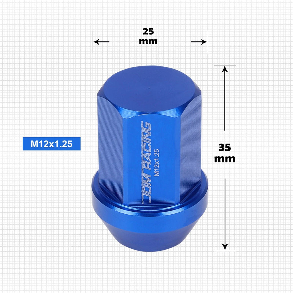 20Pc M12X1.25 Blue JDM Closed End Acorn Hex Wheel Lug Nuts + Extension 25mmx35mm