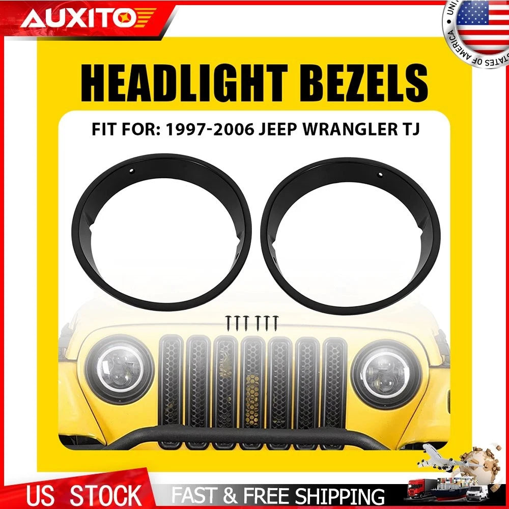 Pair Black Headlight Ring Bezels Insert Cover Trim for Jeep Wrangler TJ (1997–2006)