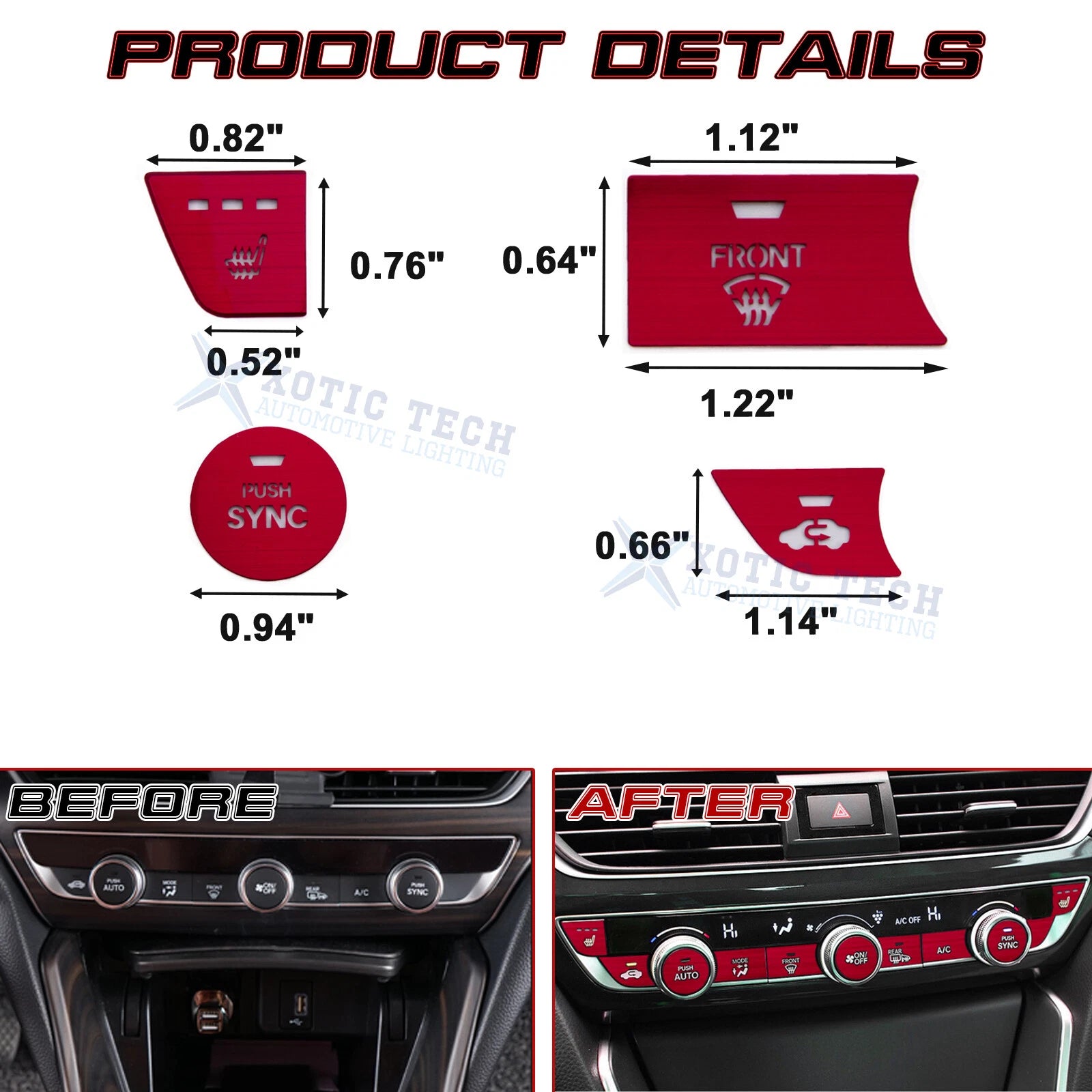 Red Aluminum Center Console Dashboard Switch Cover Trim for Honda Accord (2018-2022)