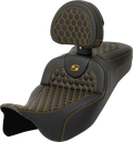 SADDLEMEN RoadSofa Seat for Motorcycle (with Backrest, Honeycomb, Gold Stitch)