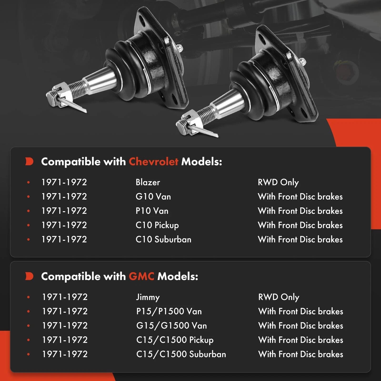 2X Front Upper Ball Joint for Chevy Blazer C10 Suburban (1971-1972)