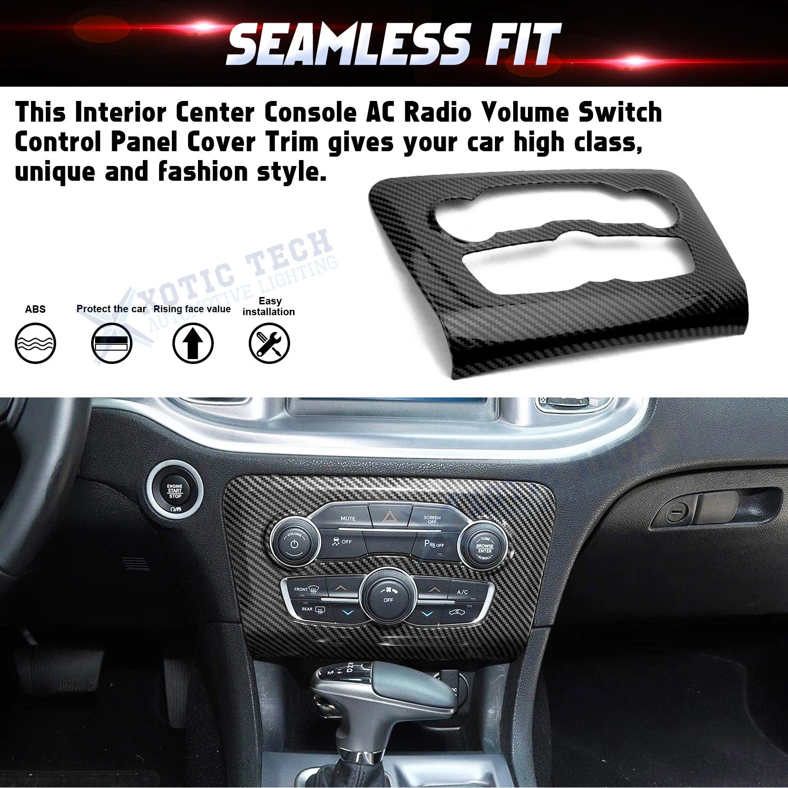 Carbon Fiber Look Central AC Switch Gear Shift Panel Cover for Charger (2015-2023)