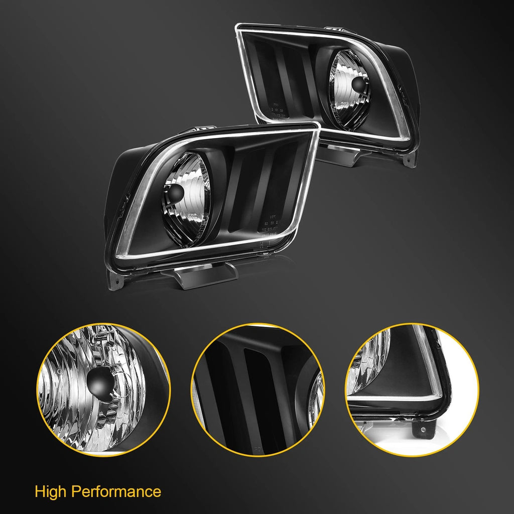 Set of 2 Black Housing Headlight Assemblies for Ford Mustang (2005–2009)