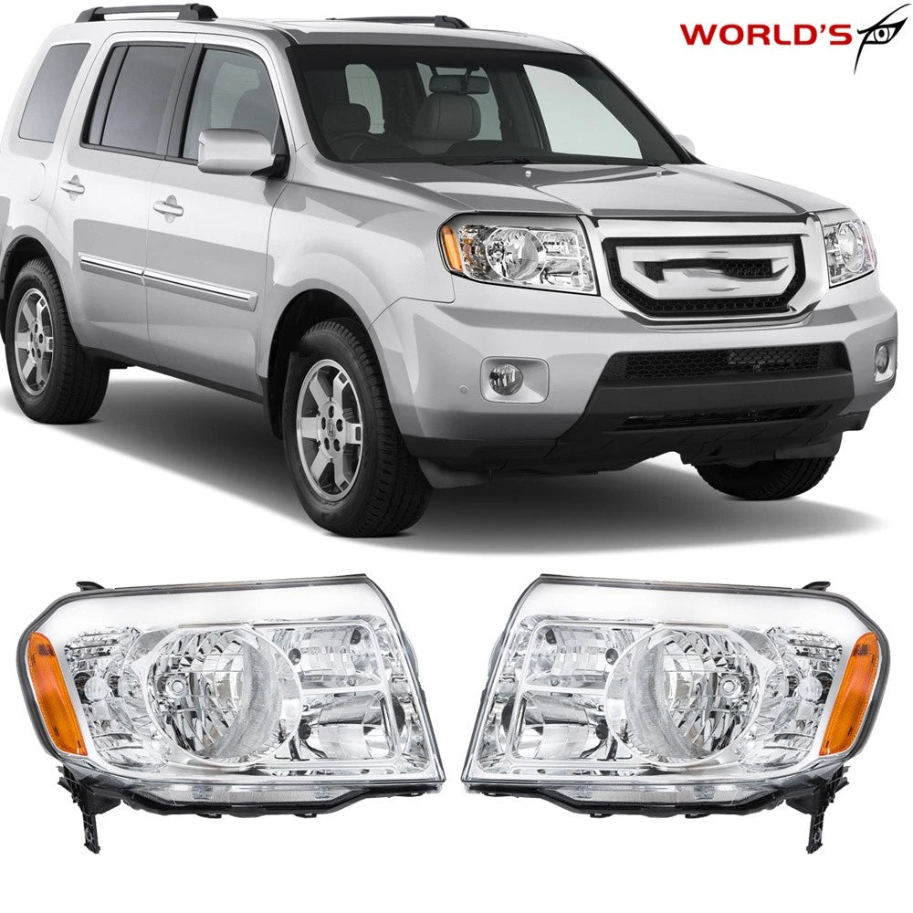 Set of 2 Halogen Chrome Amber Headlights for Honda Pilot (2009–2011)