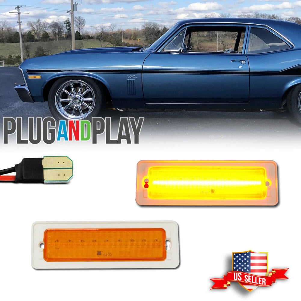 2X Amber LED Front Fender Bumper Side Marker Lights for Chevy Nova (1970–1974)