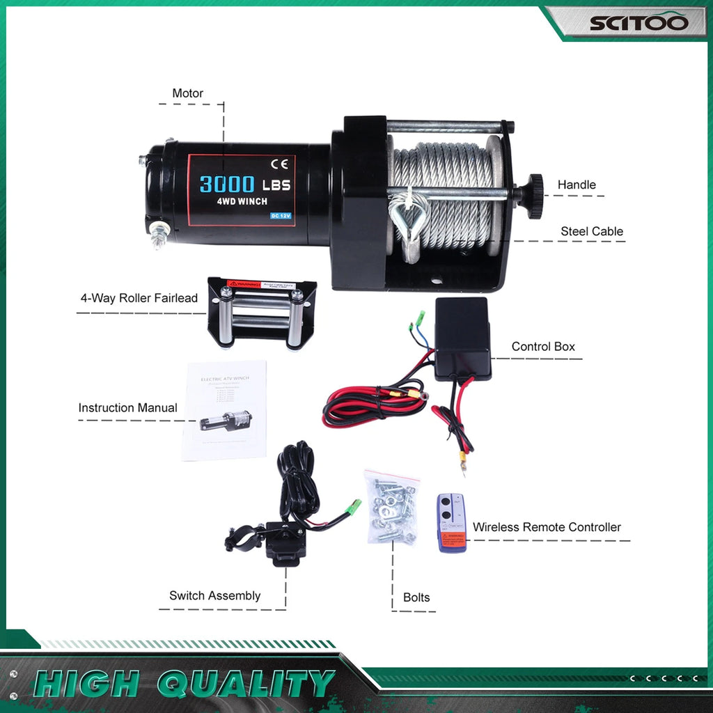 3000LBS 12V Electric Winch for ATV UTV Truck Off Road (3000lb)