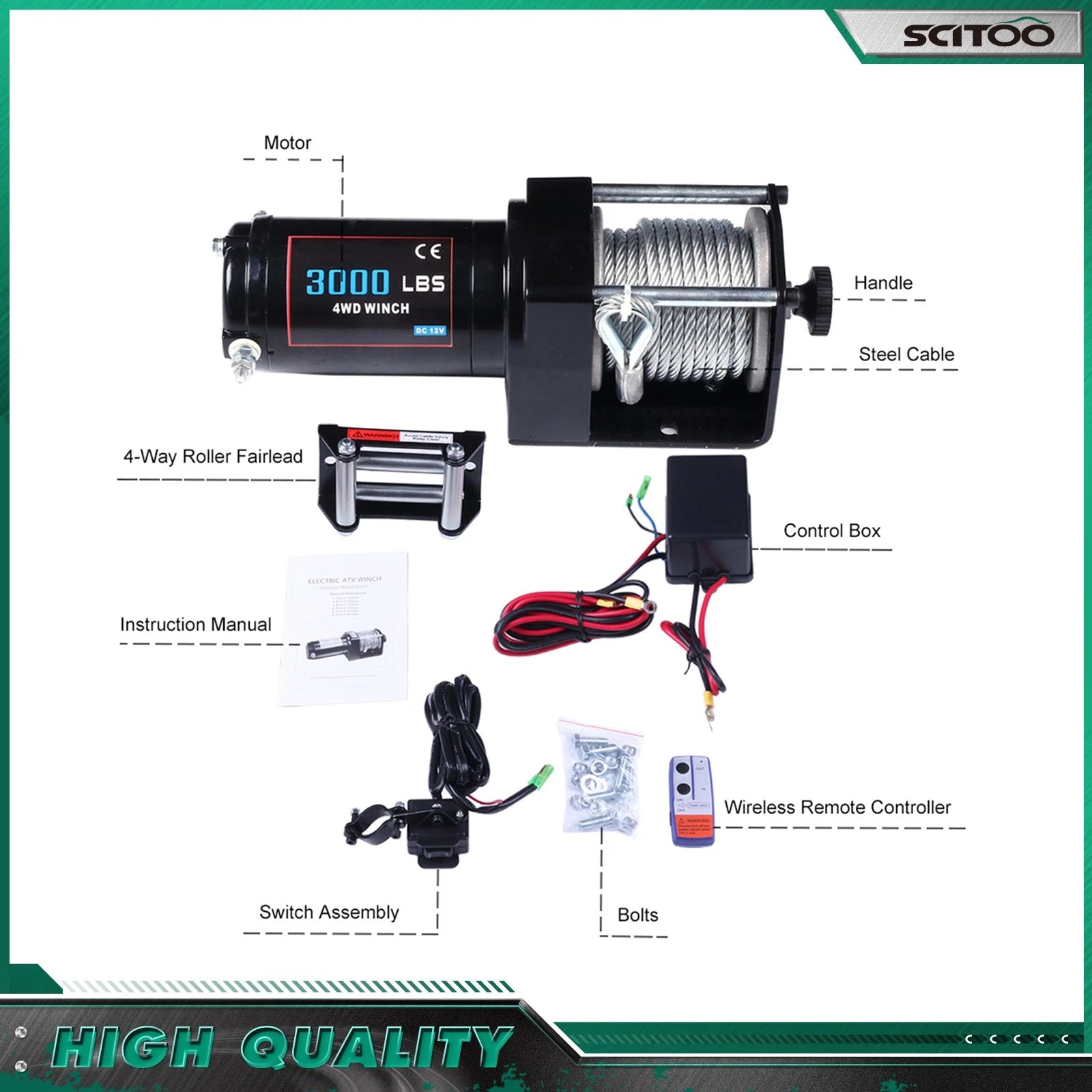 3000LBS 12V Electric Winch for ATV UTV Truck Off Road (3000lb)