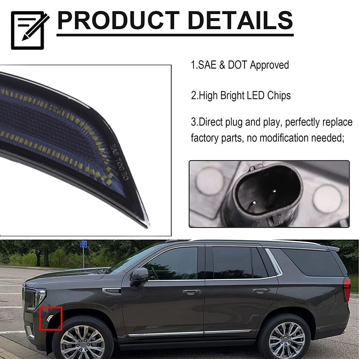 2X Full LED Front Smoke Side Marker Lights for Escalade Yukon XL (2021–2023)