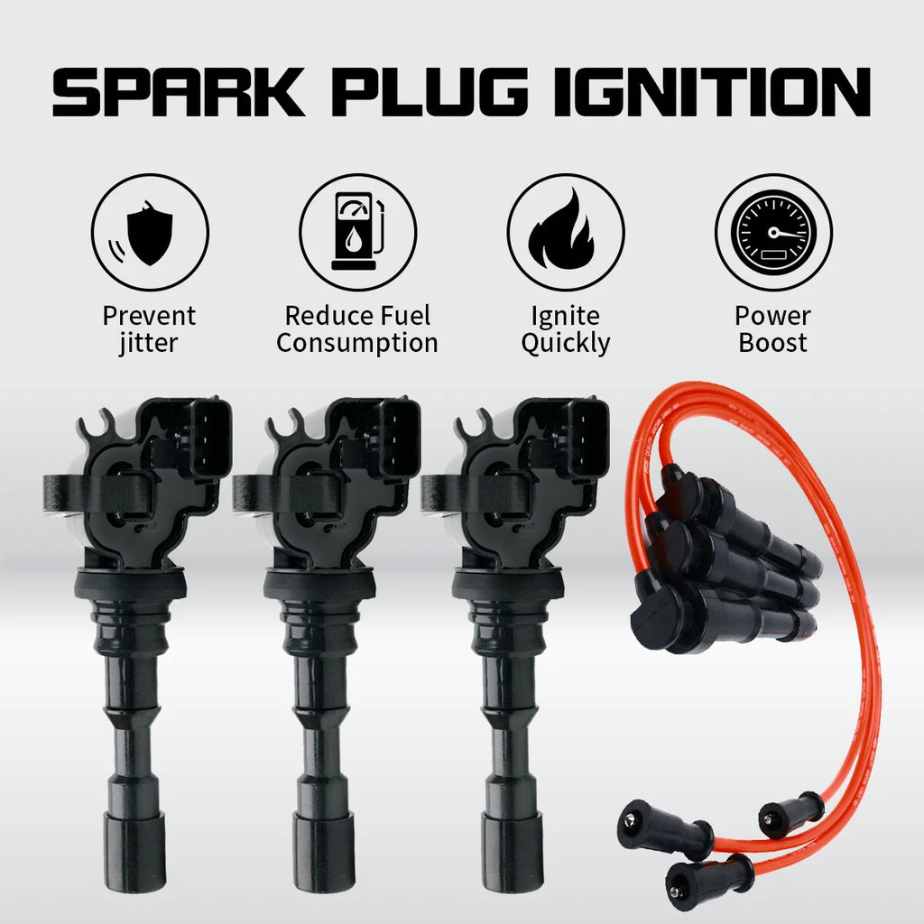 3 Ignition Coils & 3 Red Wires for Kia Sorento 3.5L V6 (2003–2006) UF431 27300-39800