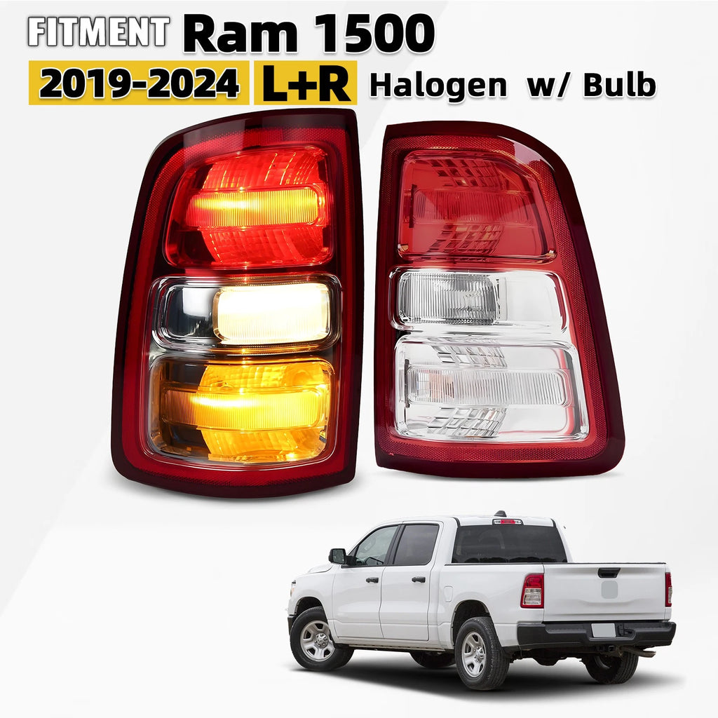 Set of 2 Halogen Tail Light Assembly for Ram 1500 (2019–2024) Chrome Bezel
