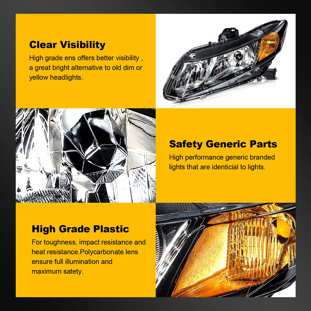 Headlight Assembly Black Pair for Honda Civic 2Dr, 4Dr (2012–2015)