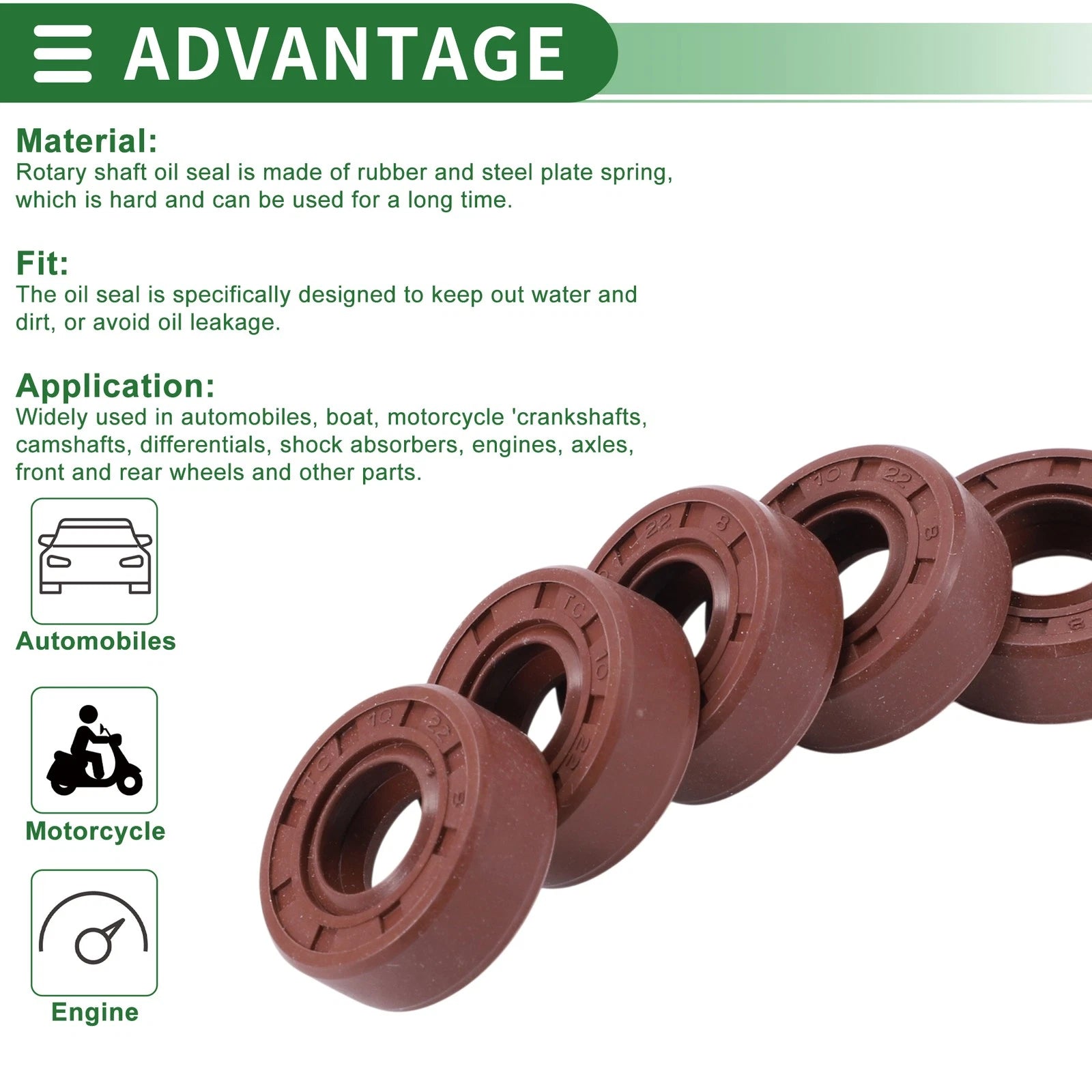 Set of 5 Oil Seal 10x22x8mm for Rotary Shaft (Fluorine Rubber)