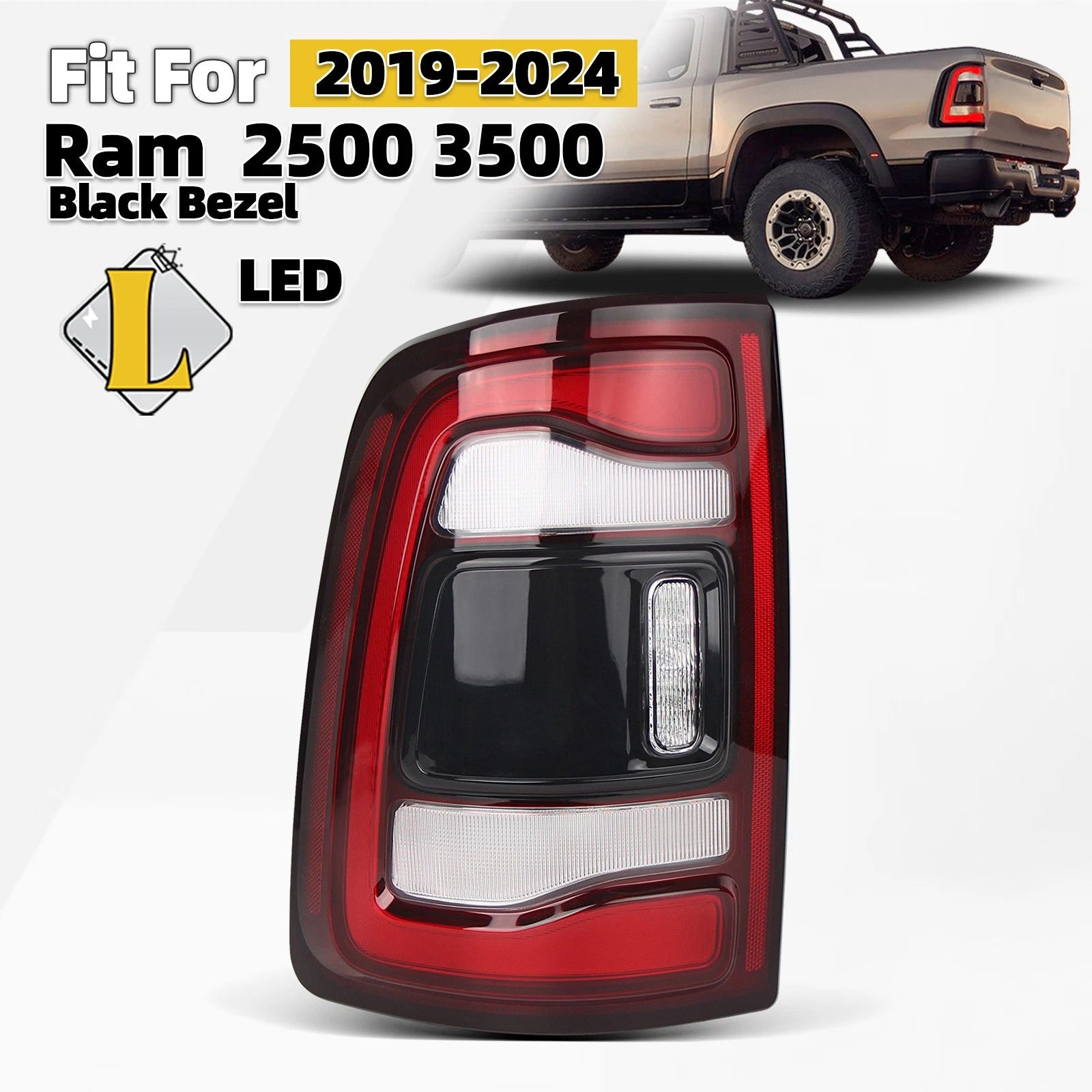 LED Tail Light for RAM 2500 3500 (2019–2024) Driver Left Side, Black Bezel