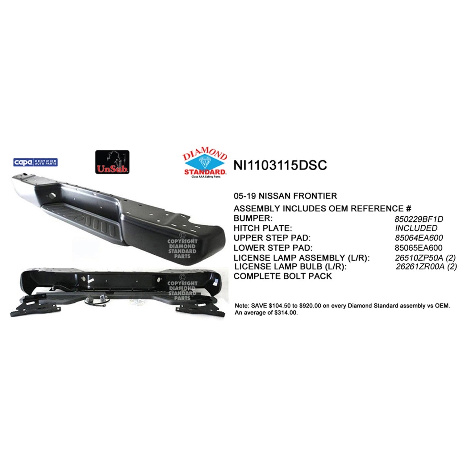 Replacement Black Rear Step Bumper Assembly w/o Park Assist Sensor Holes
