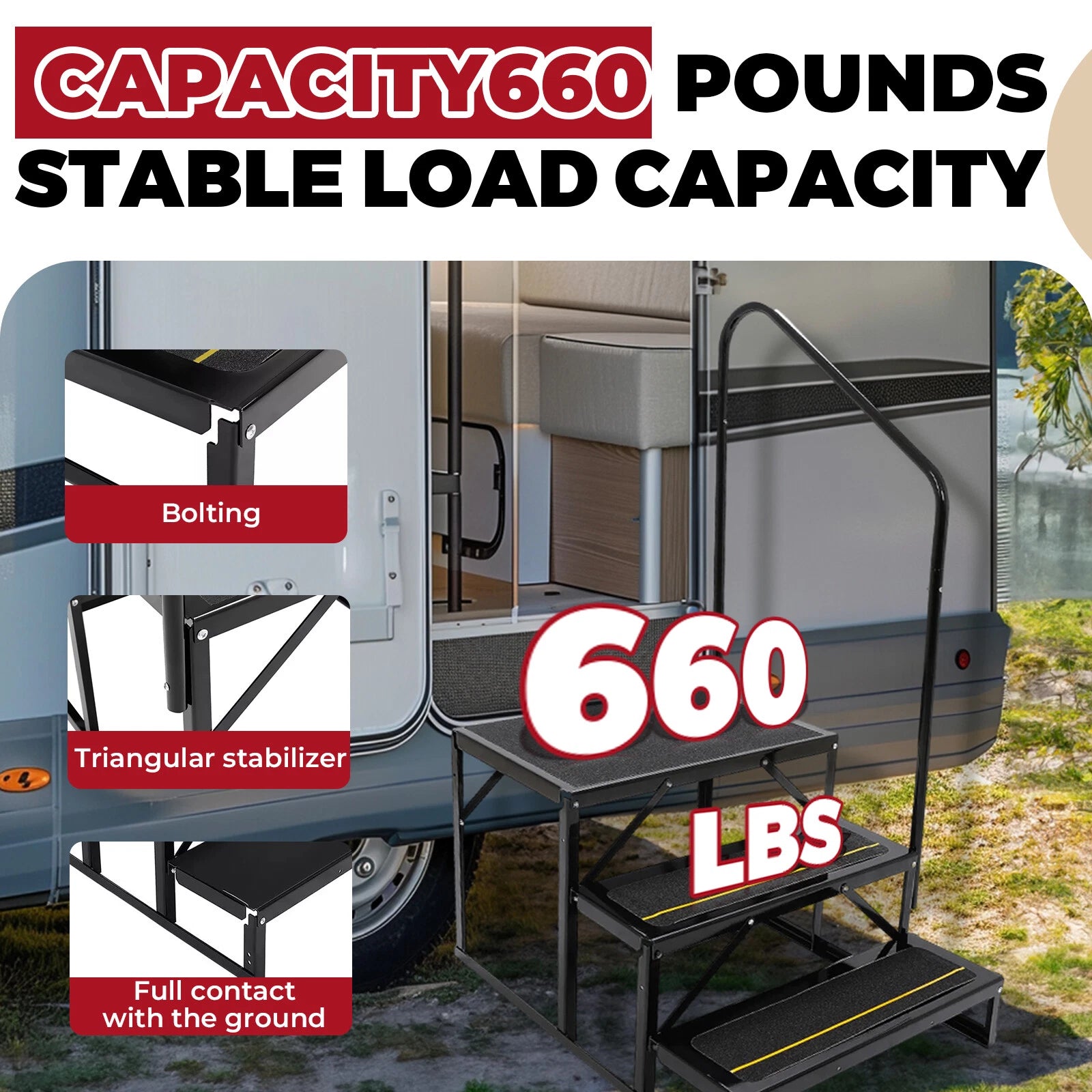 3-Step Anti-Slip Stair with Handrail for RV Camper Hot Tub (660lbs Capacity)