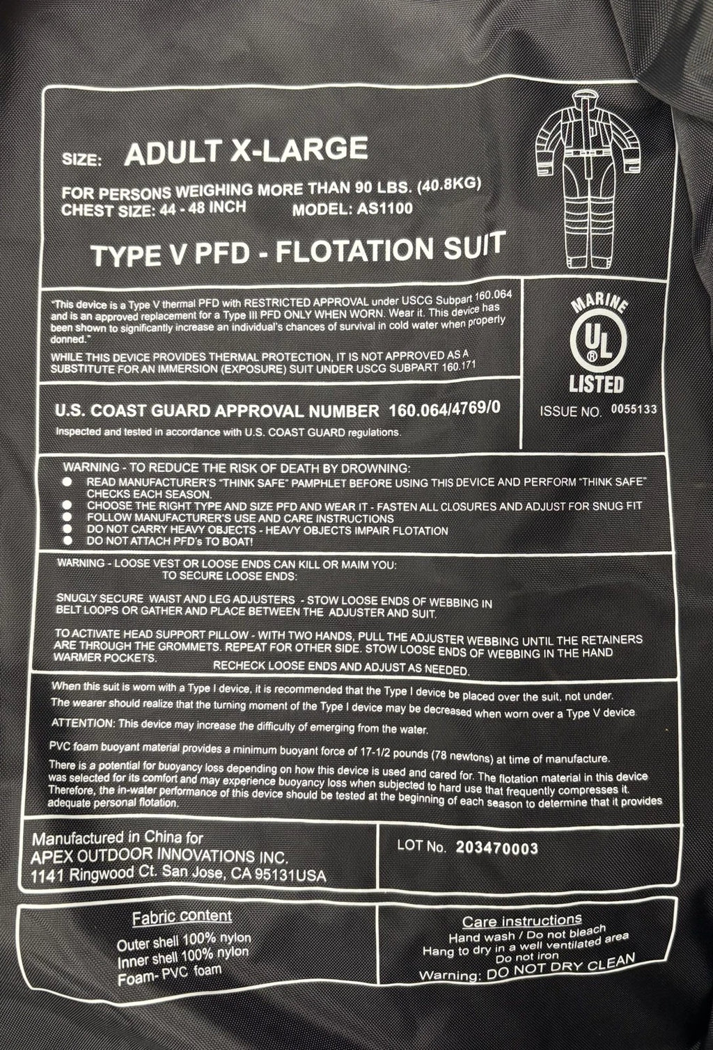 FirstWatch AS-1100 Type V PFD Anti-Exposure Flotation Suit for Adult XL (Red/Black)
