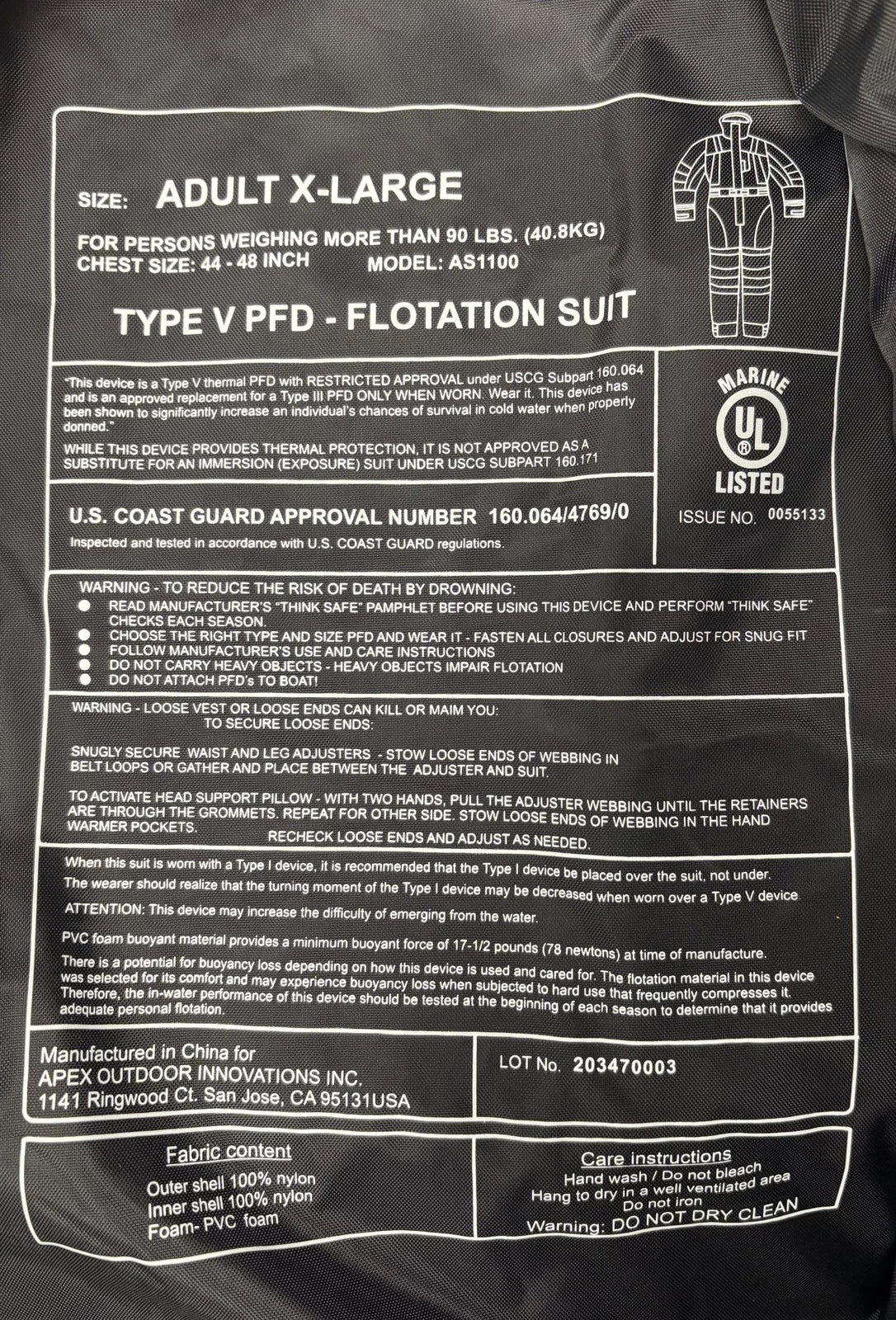 FirstWatch AS-1100 Type V PFD Anti-Exposure Flotation Suit for Adult XL (Red/Black)