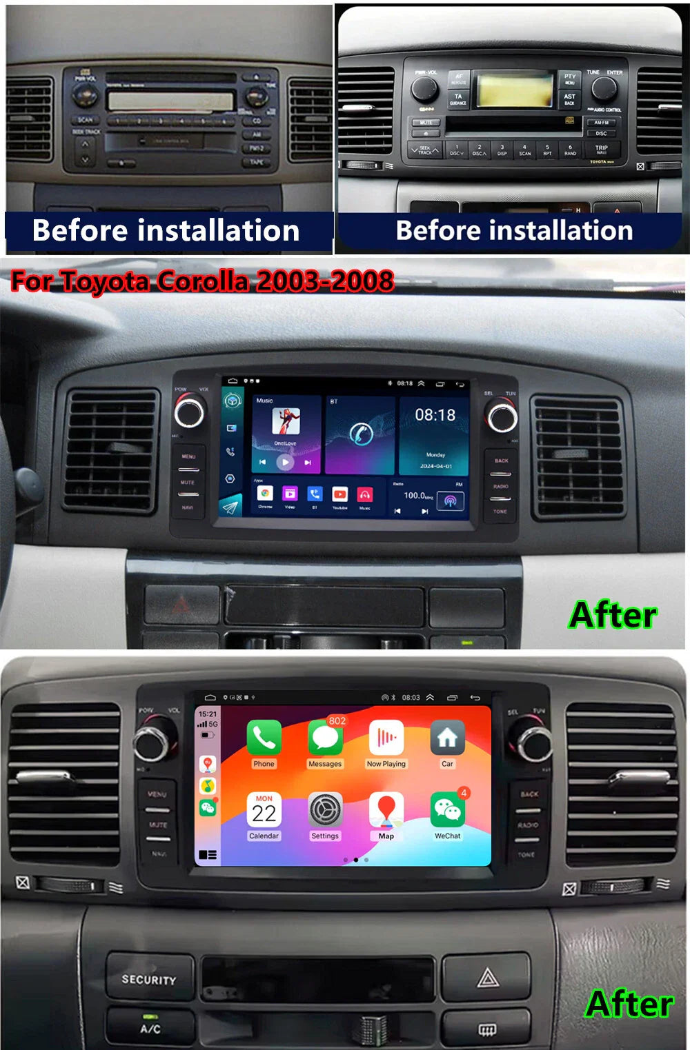 7'' Carplay Stereo Radio GPS Navigation for Toyota Corolla (2003-2008)