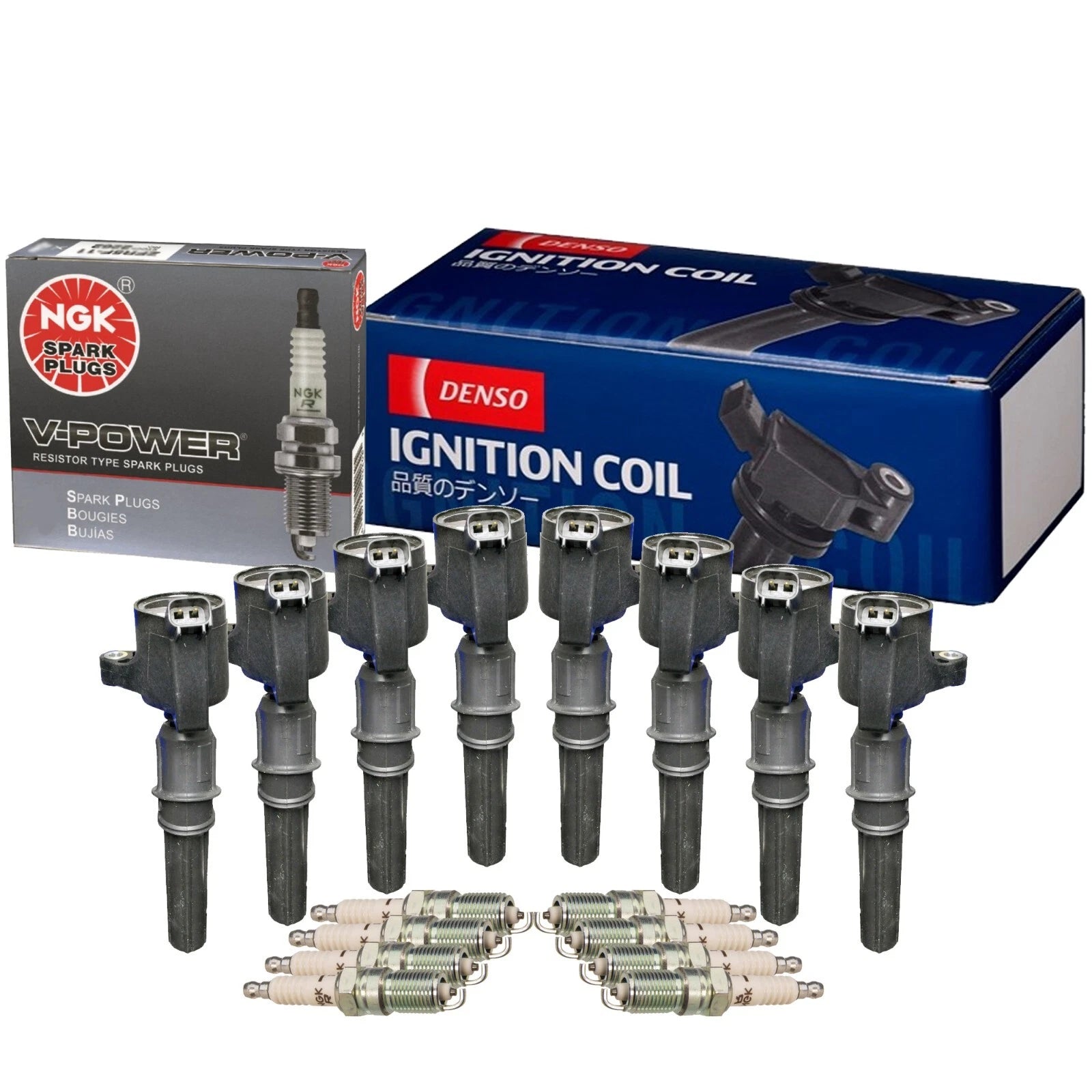 Set of 8 Ignition Coils & NGK V-Power Spark Plugs for Ford Lincoln Mercury V8