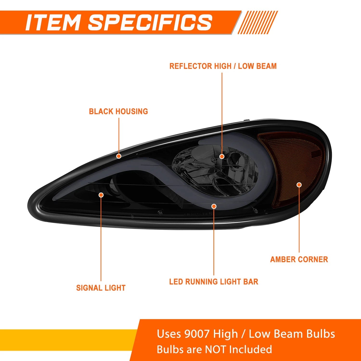 LED DRL Headlight Lamps for Pontiac Grand Am (1999–2005) Smoked Housing Amber Corner