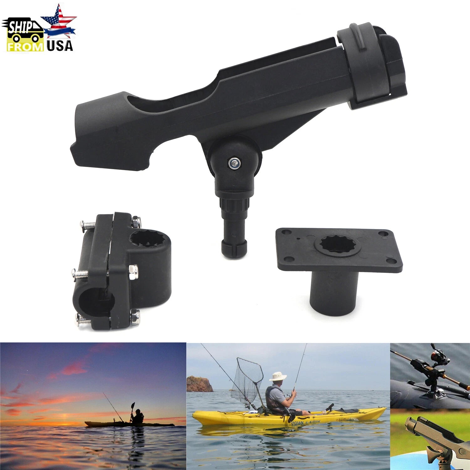 Adjustable Side Rail Mount Fishing Pole Rod Holder for Kayak Boat (1PC)