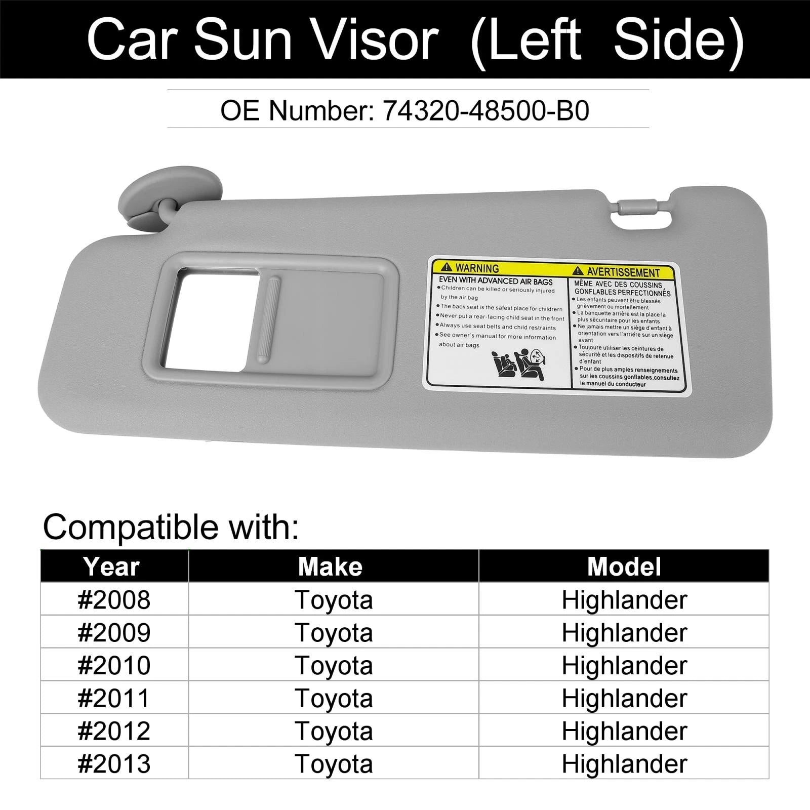 Left Sun Visor for Toyota Highlander (2008–2013) w/ Light 74320-48500-B0 Gray