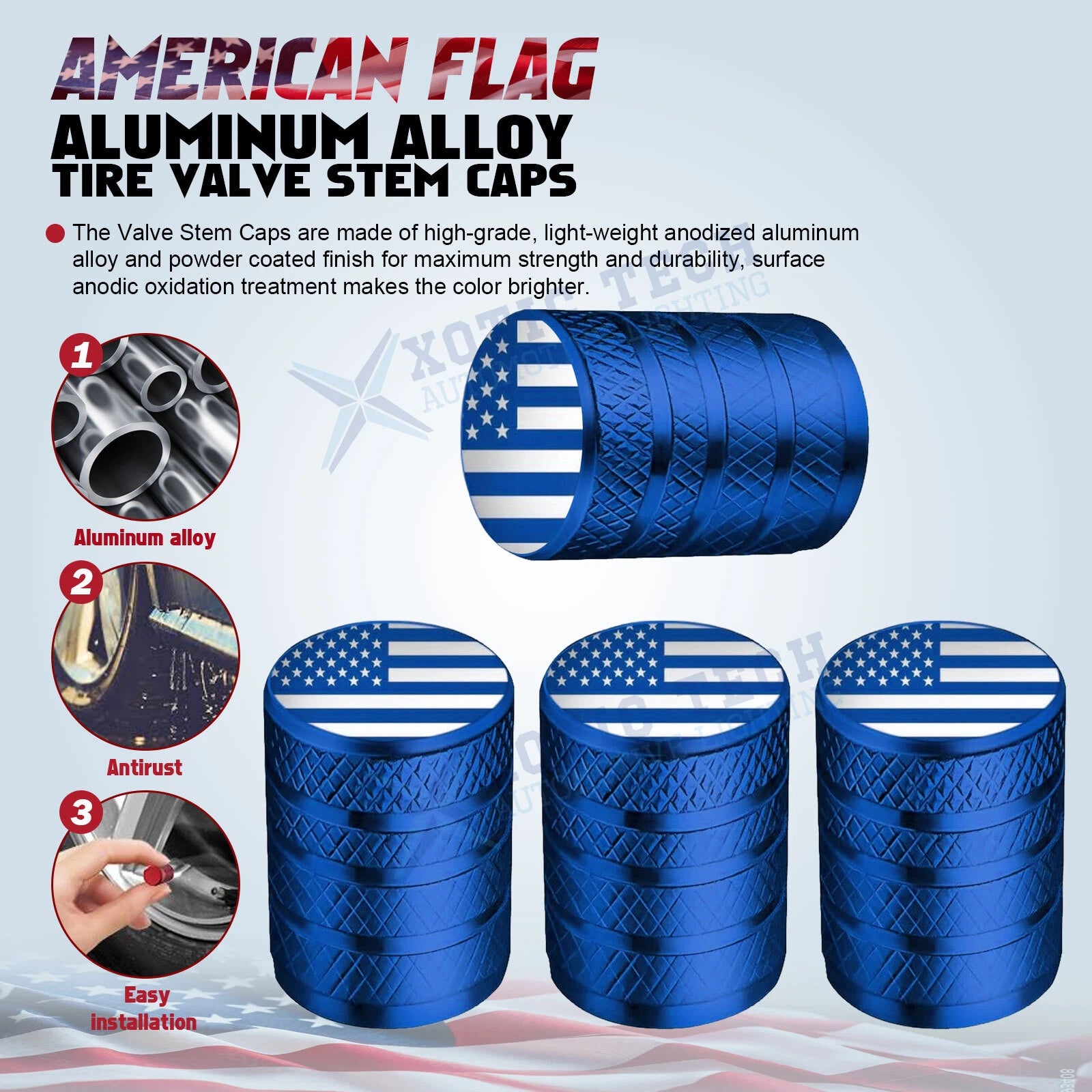 American Flag Front License Plate Valve Stem Cap Cover for Universal (-)
