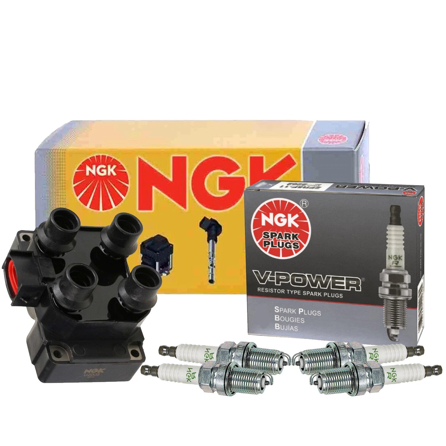 NGK DIS Ignition Coil & 4 V-Power Spark Plugs for Ford Probe (1993–1995)