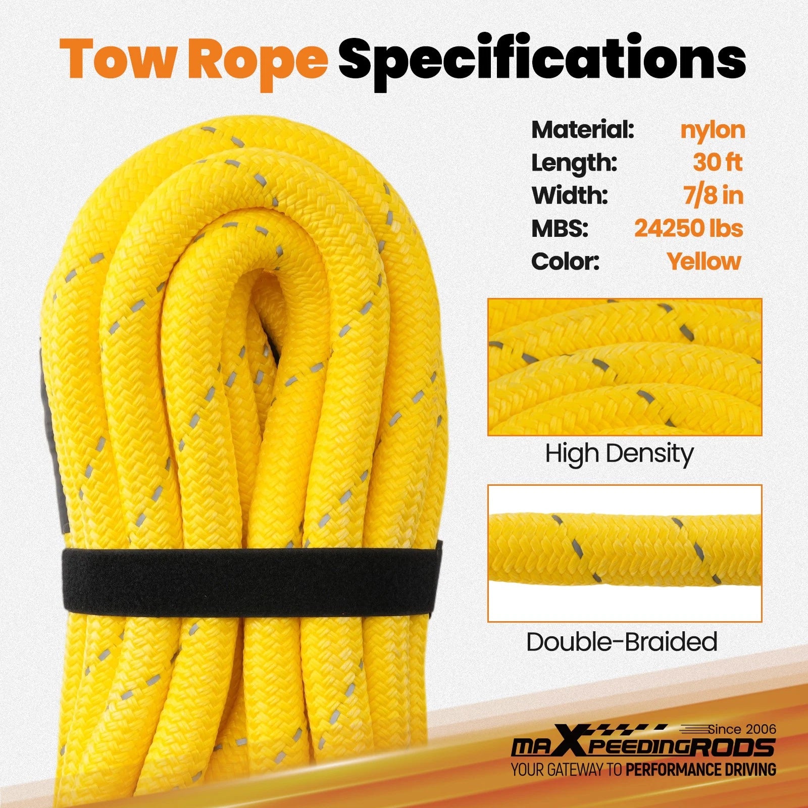 Kinetic Energy Tow Rope 7/8" x 30ft for 4WD SUV Truck (24250lbs)