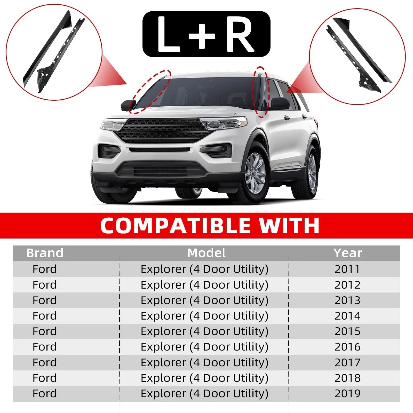 Set of 2 Inner & Outer Windshield A Pillar Molding Trim for Ford Explorer (2011–2019)