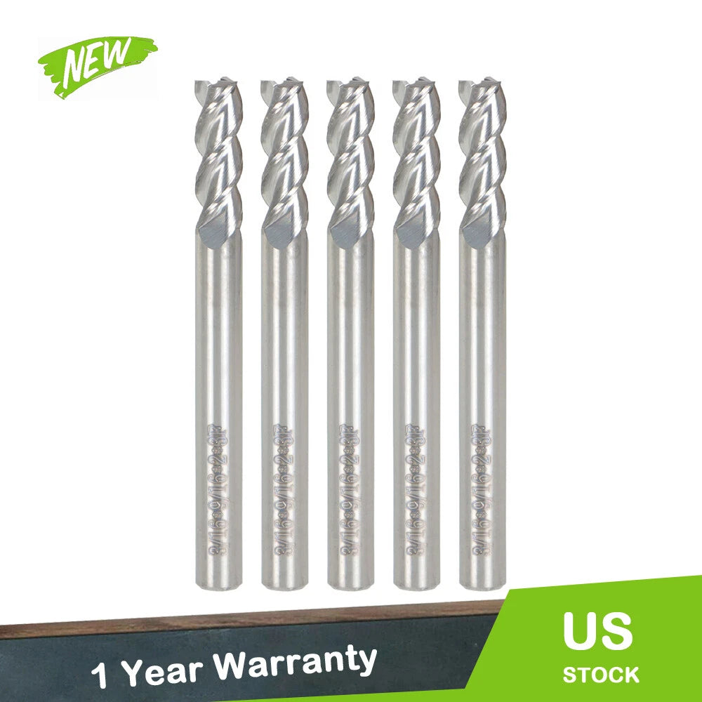 Set of 5 Aluminum 3/16" 3 Flute Carbide End Mills