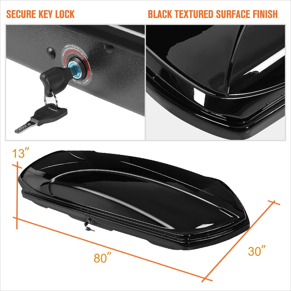 Cargo Roof Top Mounted Storage Box with Lock & Brackets for Universal Fit (80"L x 30"W x 13"H)