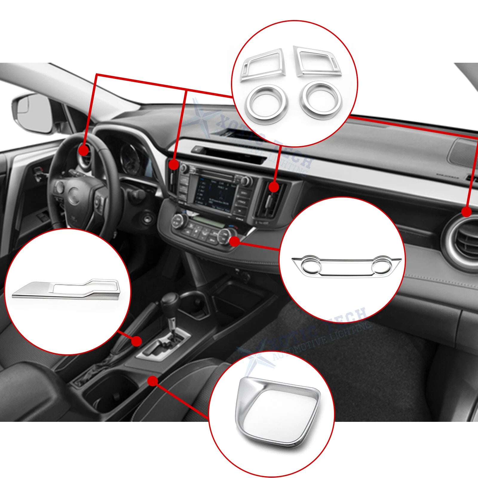 Matte Silver Dashboard AC Air Vent Cup Holder Handbrake Cover for RAV4 (2016–2018)
