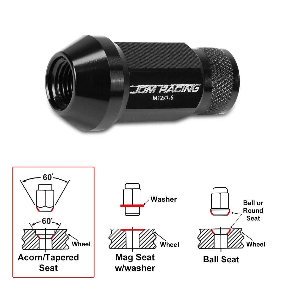 Set of 20 M12X1.5 Black JDM Open End Cone Seat Wheel Lug Nuts + 25mm Extension