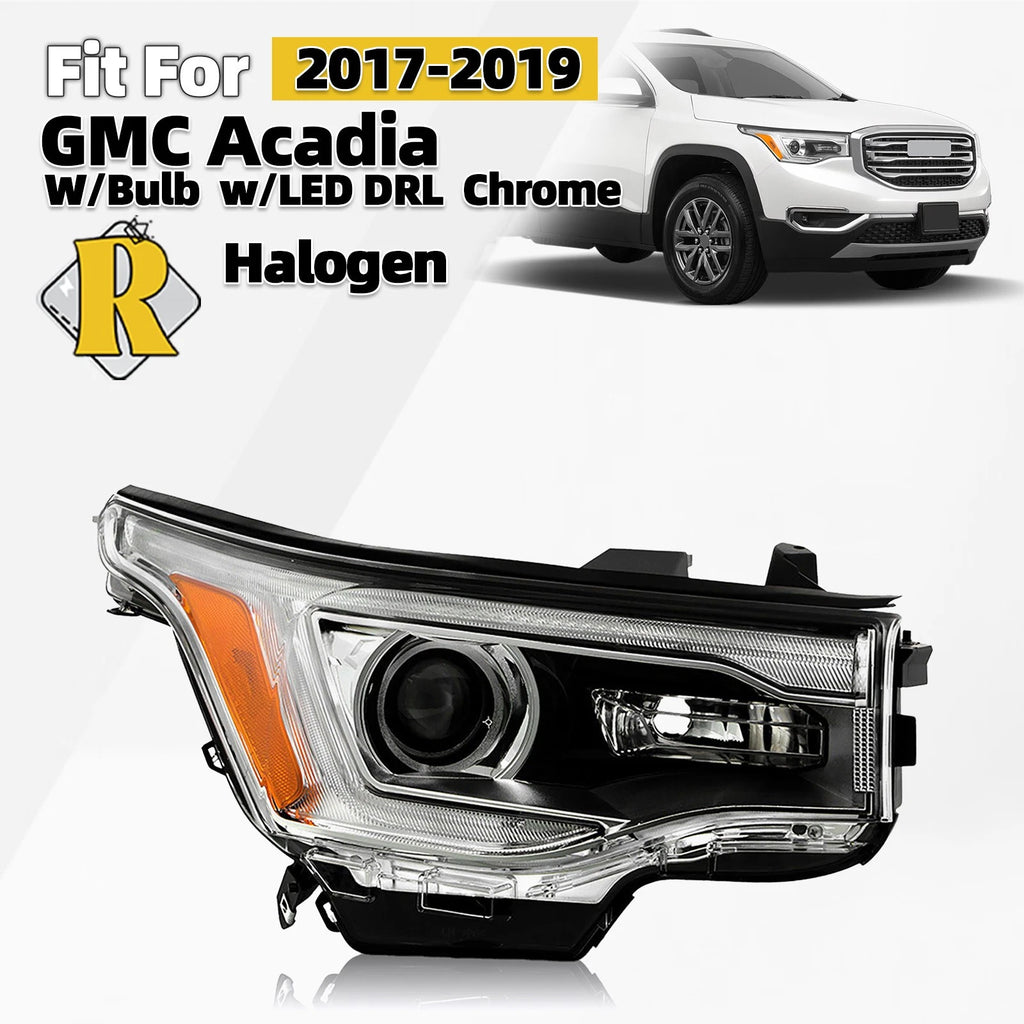 Halogen Headlight w/LED DRL Chrome for GMC Acadia (2017–2019) Right Passenger Side
