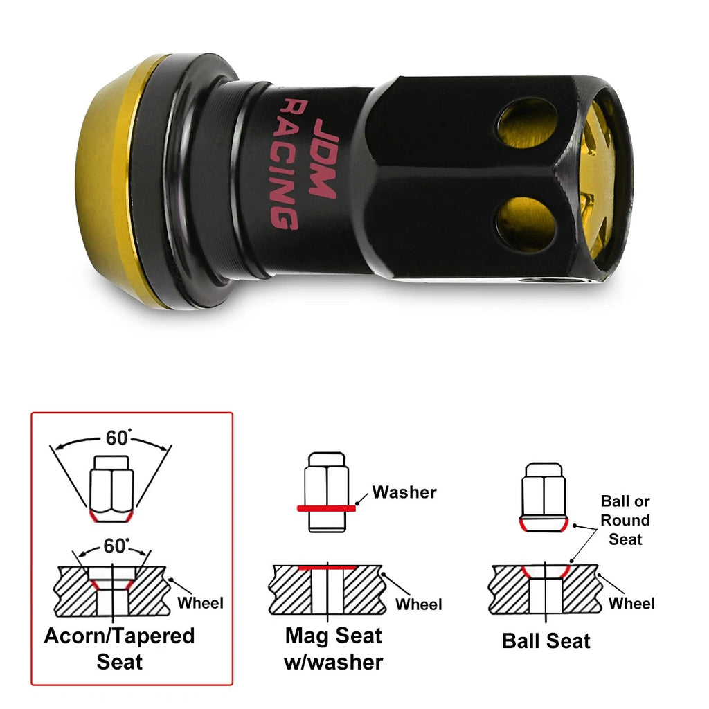 Set of 20 M12X1.5 Gold Closed End Lug Nuts with Spline Locks and Key