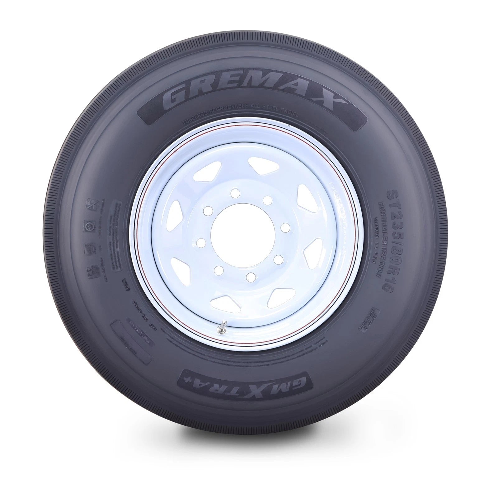 GREMAX ST235/80R16 Trailer Tire Wheel 16-Ply H 130M 8x6.5" White Spoke