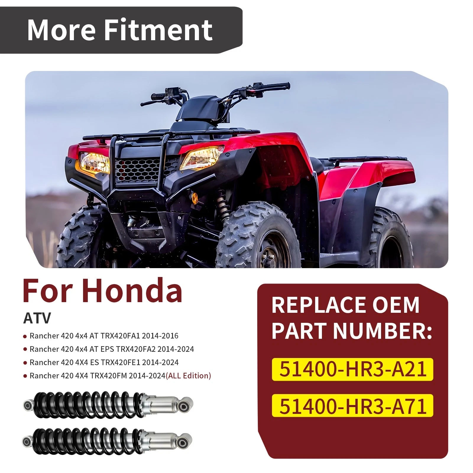 2X Front Shocks for Honda Rancher 420 (2014–2024) 51400-HR3-A21 51400-HR3-A71