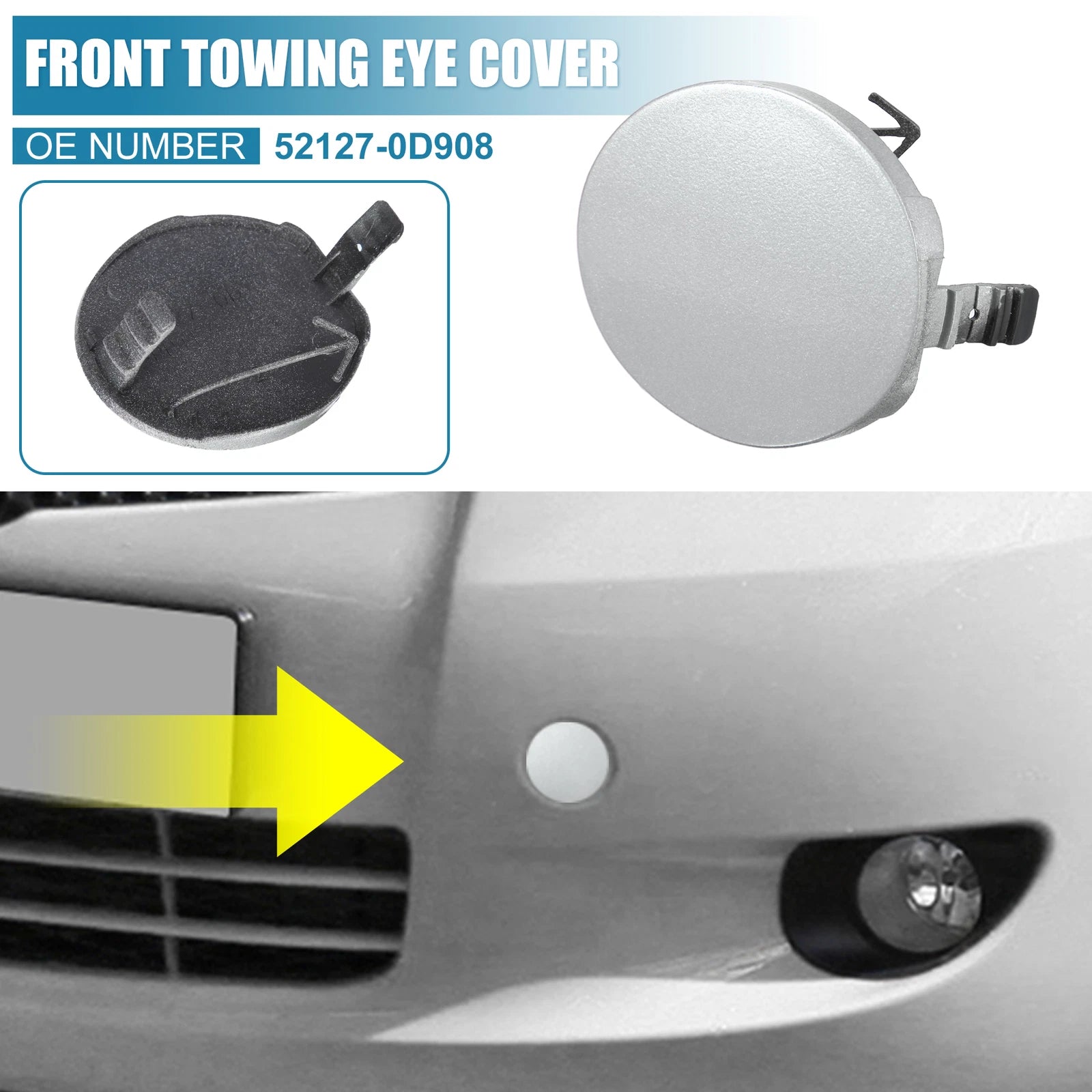 Front Bumper Tow Hook Cover 52127-0D908 for Toyota Yaris (2007–2010) Silver Tone
