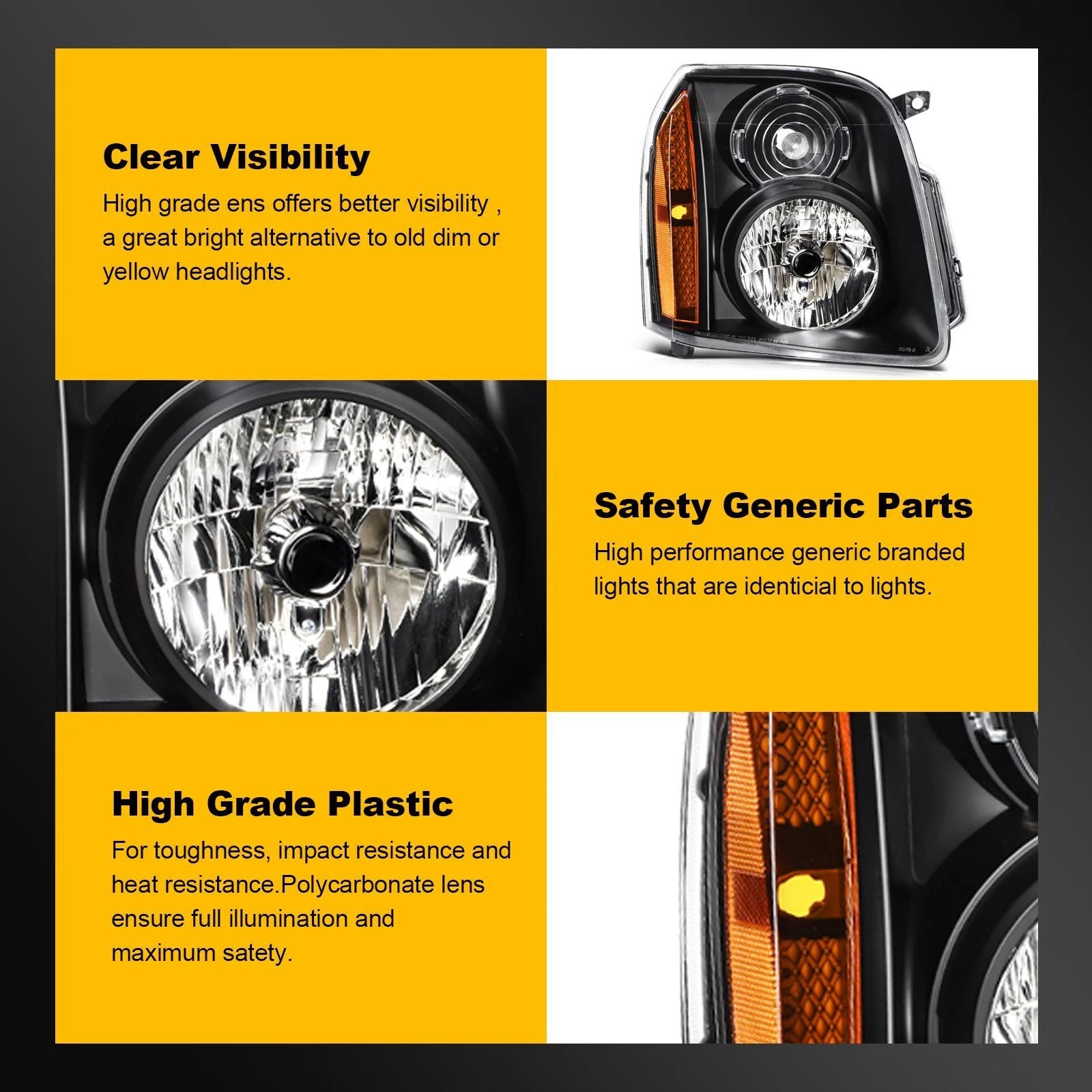 Headlight Assembly Set for GMC Yukon XL 1500 2500 (2007–2014) Black Amber